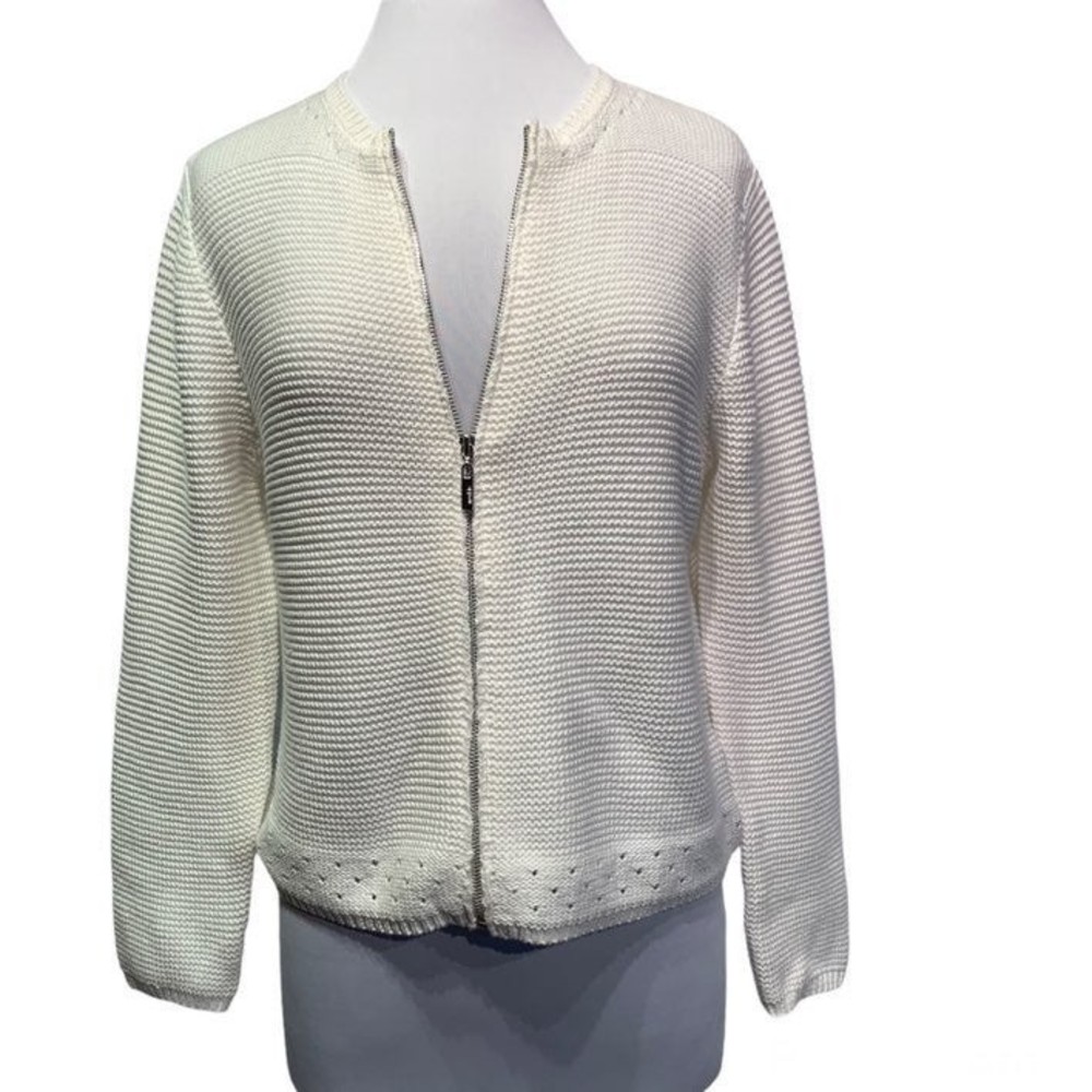 Marble Cream White Ribbed Pointelle knit full zip Cardigan Women's Medium - Picture 2 of 12